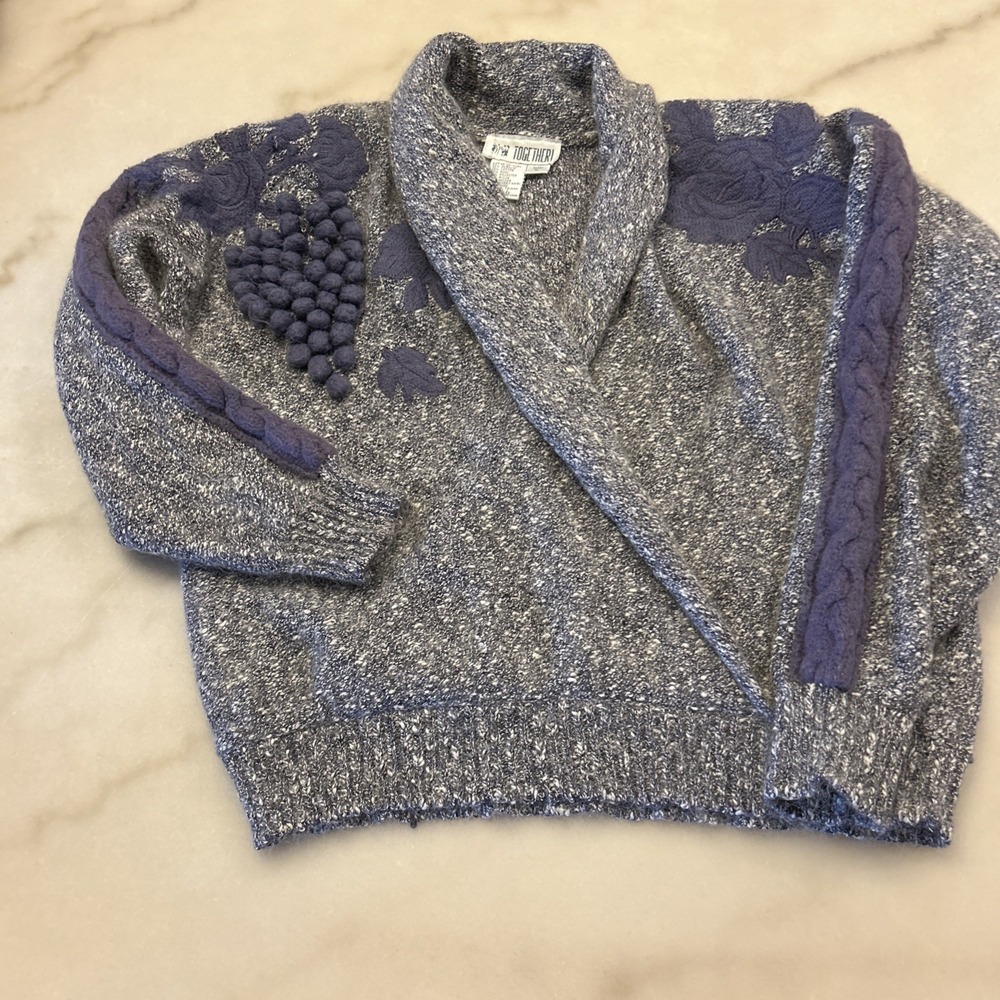 Vtg Together! Sweater Faux Wrap Batwing Shoulder Pads Grape Rose Embroidery Sz L